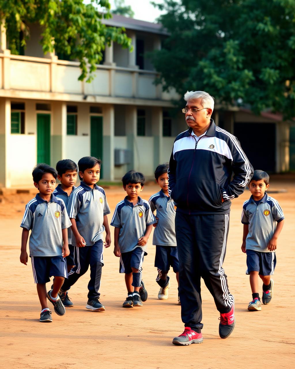 Coach guiding young athletes at a school ground
